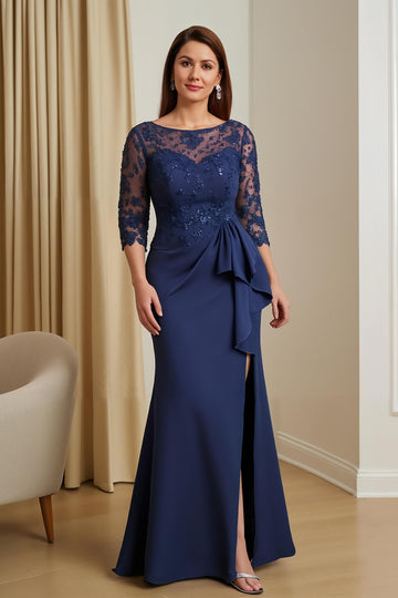 Mermaid Navy Appliqued Mother Of The Bride Dress With Slit